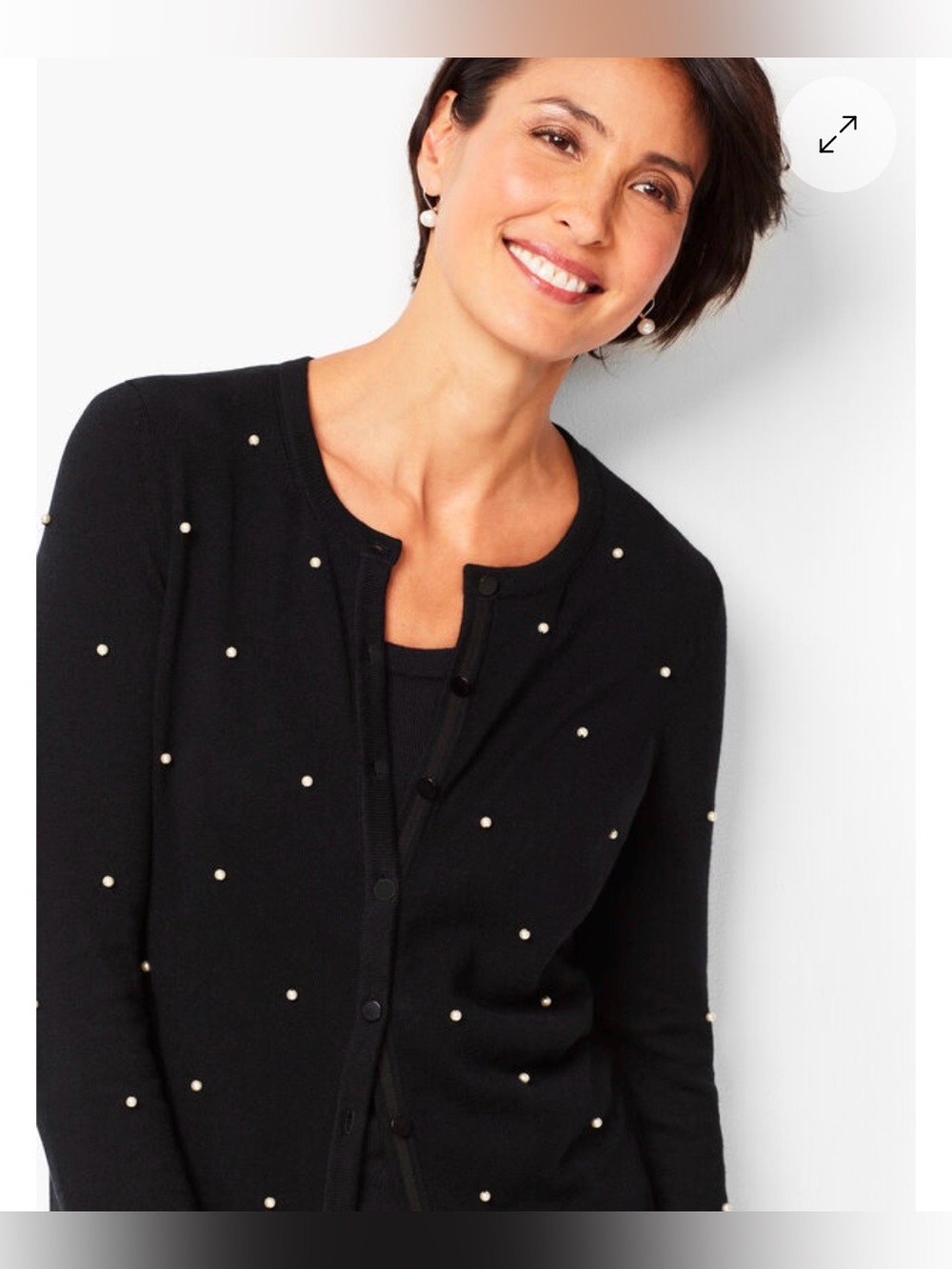 Talbots NWOT Black Merino Wool Cardigan w Hand-Sewn Gold Beads Covered Button